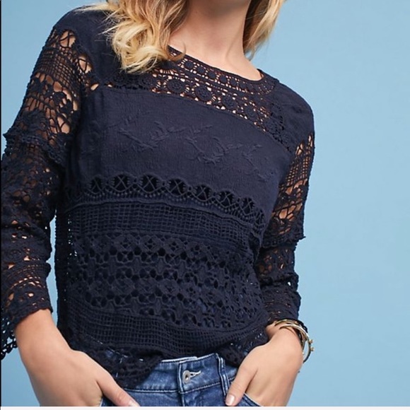 Anthropologie Tops - NWT Anthropologie Crochet Lace Navy Pullover Top